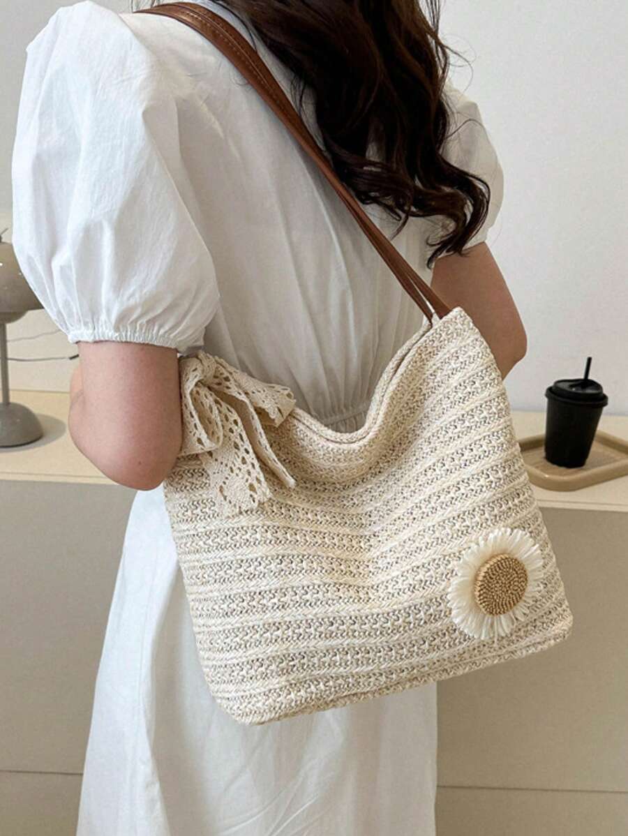 DAZY Chic Sunflower Woven Tote Bag, 2025 New Arrival Fashion Shoulder Bag, Korean Style Beach Woven Handbag For Women, Beach Necessities, Beach Essentials,Beach Stuff & Summer Essentials, Newest Holid