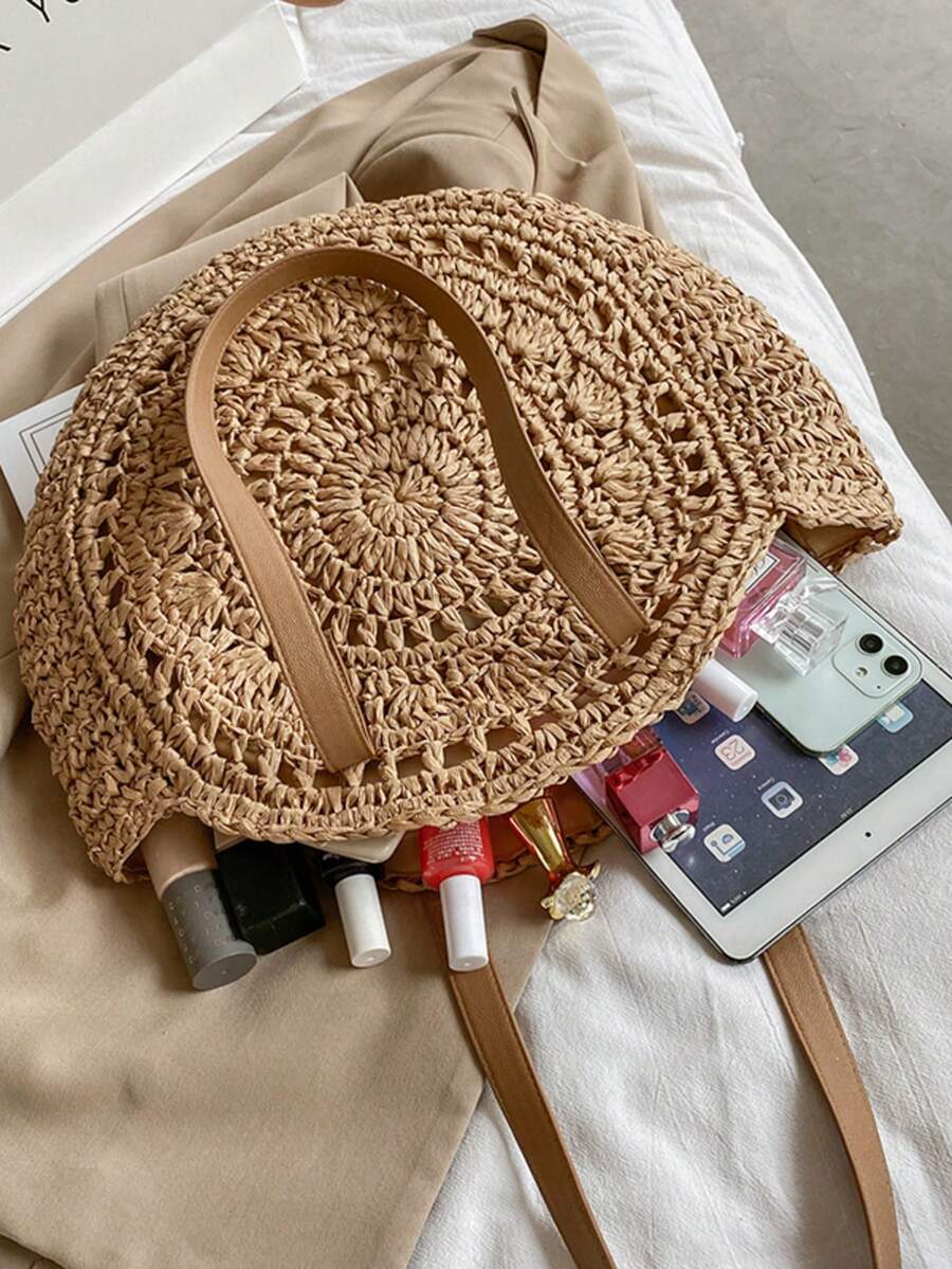 Classic Woven Bag Women's Round Beach Shoulder Bag, Women's Straw Woven Bag, Crossbody Bag, Handbag, Beach Essential, Beach Necessity, Beach Supplies And Summer Essential, Summer Vacation Bag, Holiday