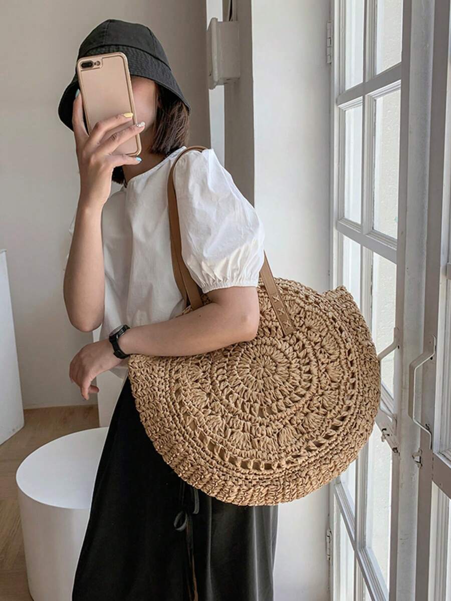Livesso Classic Woven Bag, Women's Round Beach Shoulder Bag, Women's Straw Bag, Crossbody Bag, Women's Handbag, Beach Essential, Beach Supplies, Beach Gear And Summer Must-Have, Summer Vacation Bag, H