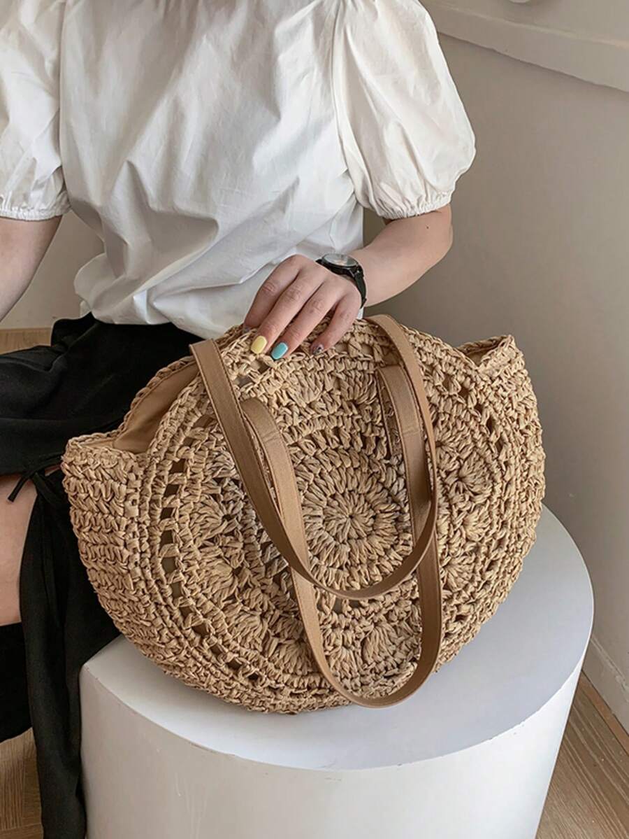 Classic Woven Bag Women's Round Beach Shoulder Bag, Women's Straw Woven Bag, Crossbody Bag, Handbag, Beach Essential, Beach Necessity, Beach Supplies And Summer Essential, Summer Vacation Bag, Holiday