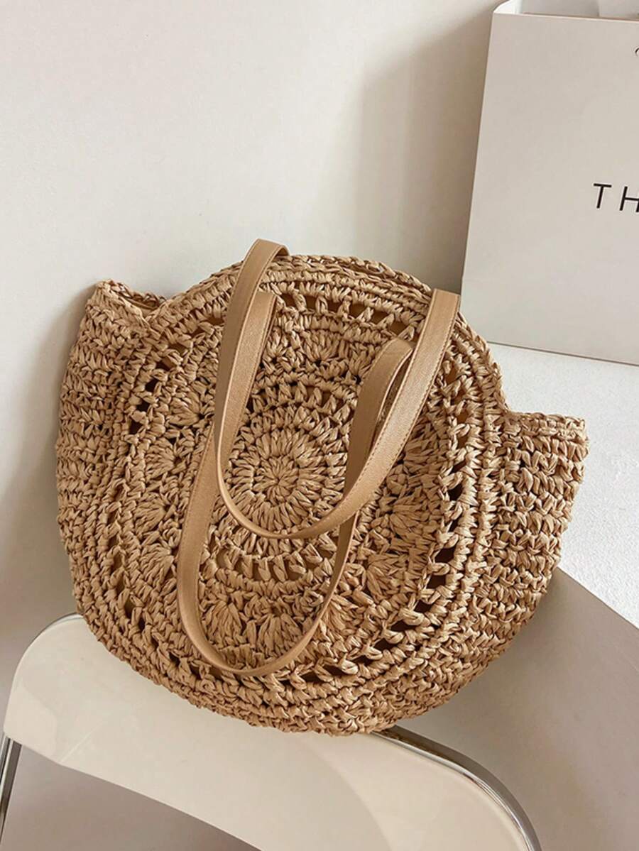 Classic Woven Bag Women's Round Beach Shoulder Bag, Women's Straw Woven Bag, Crossbody Bag, Handbag, Beach Essential, Beach Necessity, Beach Supplies And Summer Essential, Summer Vacation Bag, Holiday
