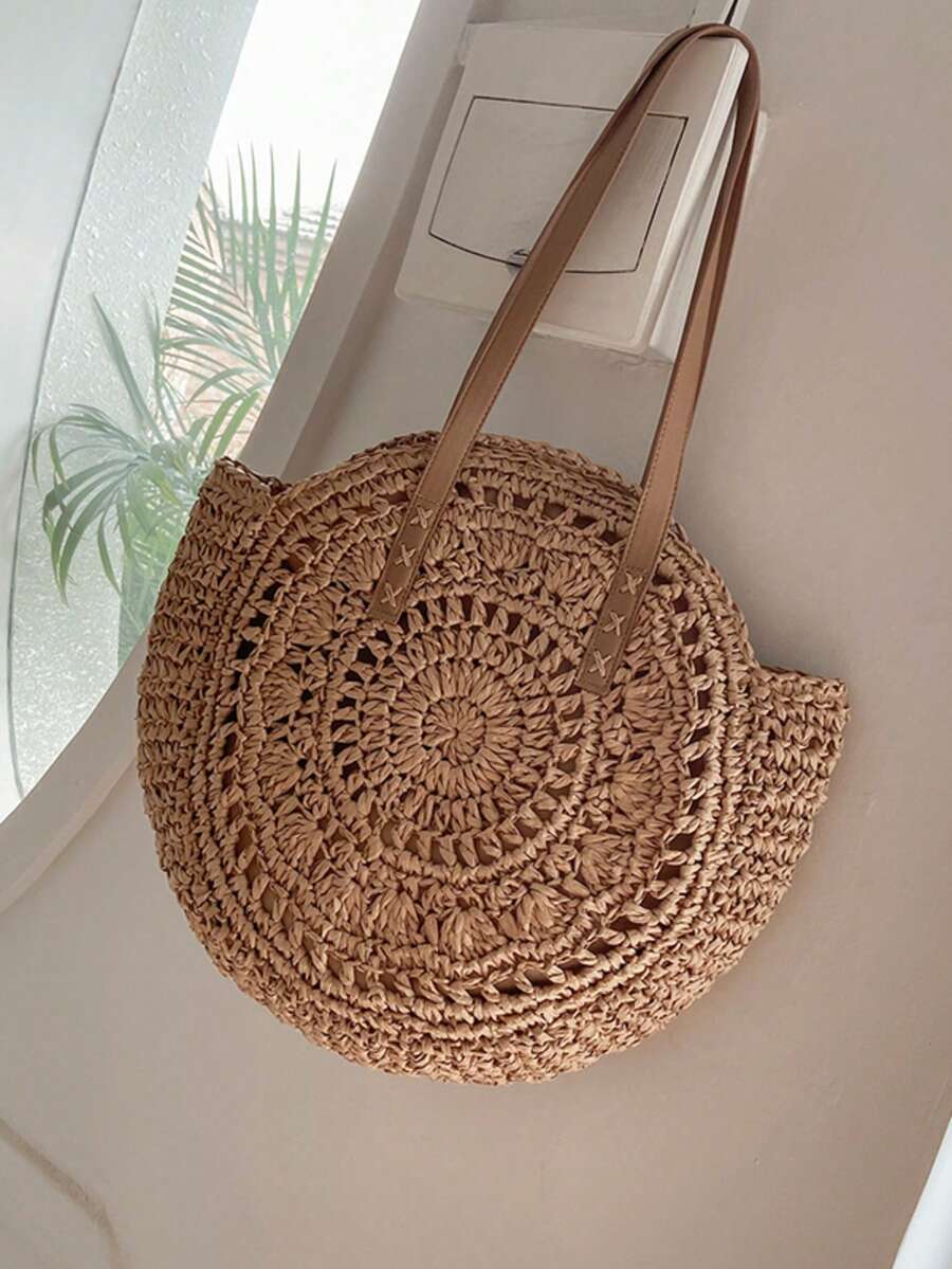 Classic Woven Bag Women's Round Beach Shoulder Bag, Women's Straw Woven Bag, Crossbody Bag, Handbag, Beach Essential, Beach Necessity, Beach Supplies And Summer Essential, Summer Vacation Bag, Holiday