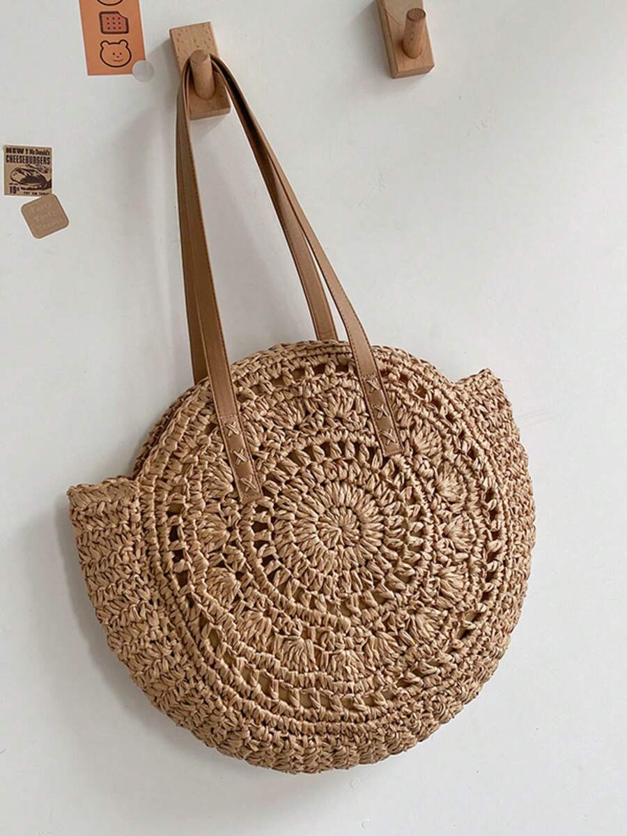 Classic Woven Bag Women's Round Beach Shoulder Bag, Women's Straw Woven Bag, Crossbody Bag, Handbag, Beach Essential, Beach Necessity, Beach Supplies And Summer Essential, Summer Vacation Bag, Holiday