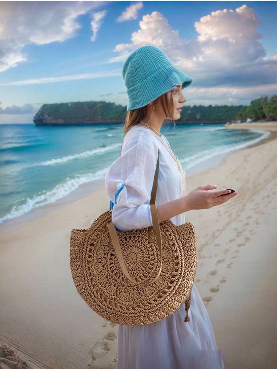 Livesso Classic Woven Bag, Women's Round Beach Shoulder Bag, Women's Straw Bag, Crossbody Bag, Women's Handbag, Beach Essential, Beach Supplies, Beach Gear And Summer Must-Have, Summer Vacation Bag, H
