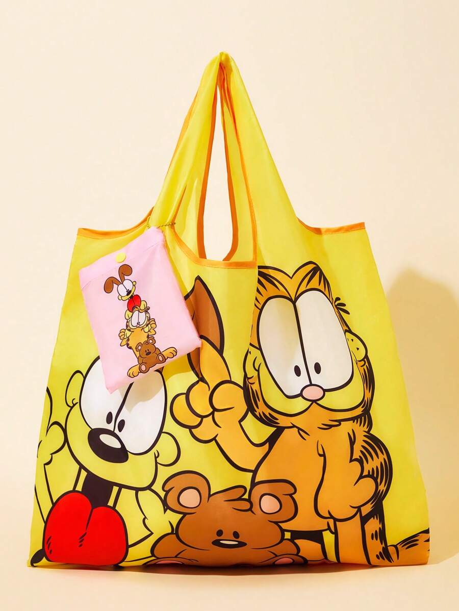 GARFIELD| 1pc Cartoon Cat & Dog Print Foldable Shopping Tote Bag, Comes With A Small Pouch With Beaded Strap To Attach To Bag