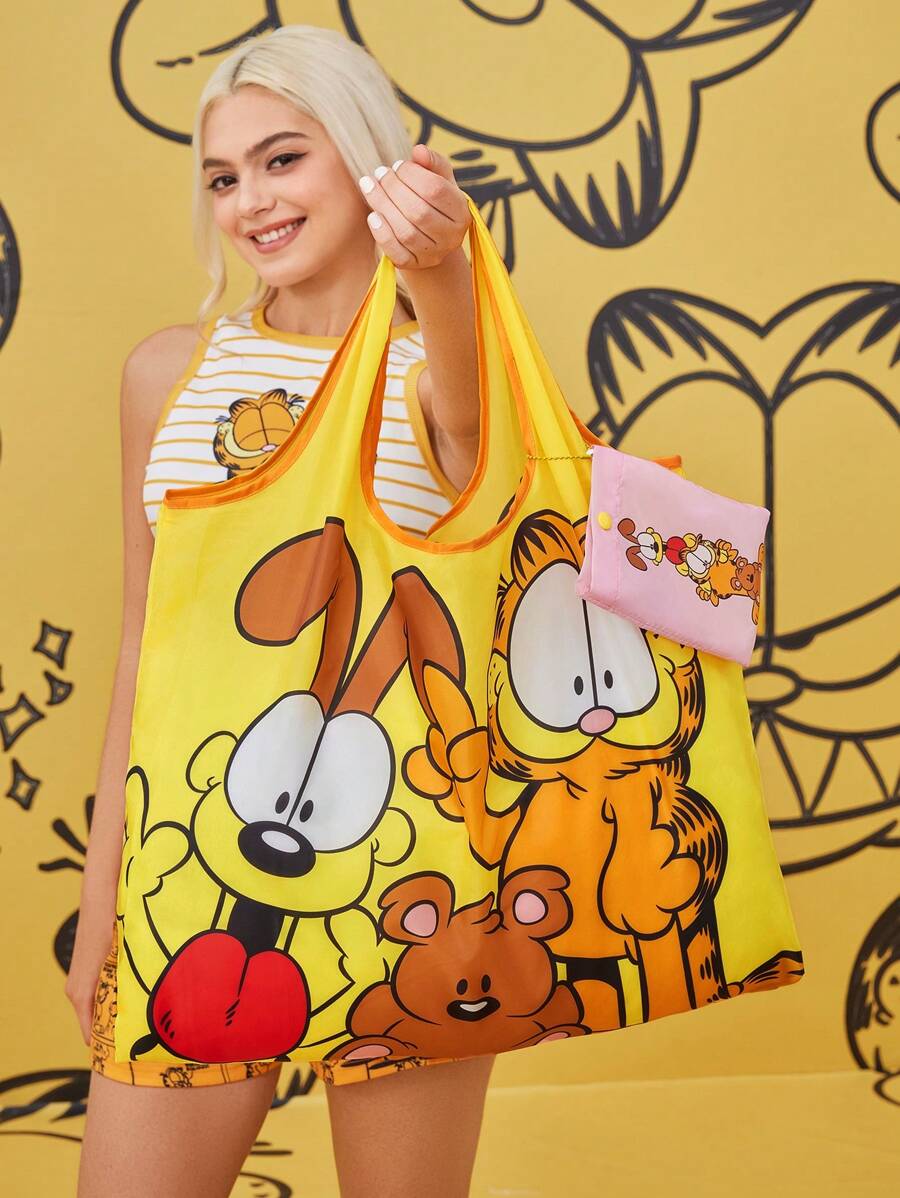 GARFIELD| 1pc Cartoon Cat & Dog Print Foldable Shopping Tote Bag, Comes With A Small Pouch With Beaded Strap To Attach To Bag