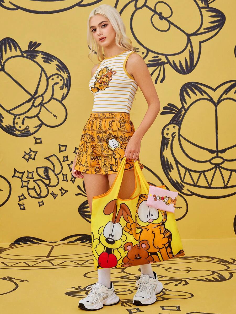 GARFIELD| 1pc Cartoon Cat & Dog Print Foldable Shopping Tote Bag, Comes With A Small Pouch With Beaded Strap To Attach To Bag