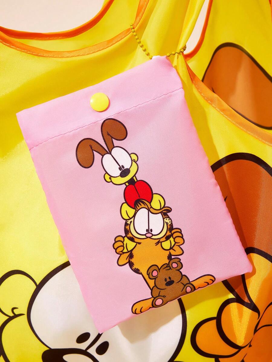 GARFIELD| 1pc Cartoon Cat & Dog Print Foldable Shopping Tote Bag, Comes With A Small Pouch With Beaded Strap To Attach To Bag