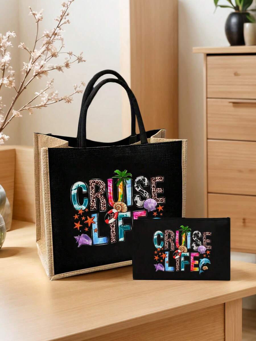 Cruise Theme Linen Tote Bag And Pouch Set, Coconut Tree, Shell, Dolphin, Starfish, Cruise Life Print, Tote Bag And Cosmetic Bag, Lightweight Foldable Pouch, Beach Essential, Summer Women Bag, Large Ca