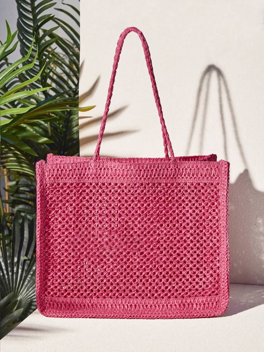 VCAY Vacation Casual Letter Embroidery Hollow-Out Tote Bag,Holiday, Crochet Bags