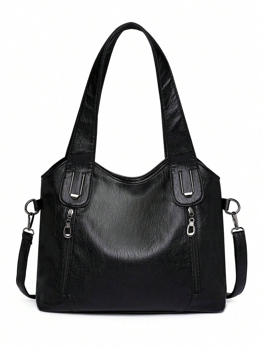 Solid Color Leather Handbag, Vintage PU Crossbody Sling Bag With Front And Back Zipper Pockets, High Capacity Women Shoulder Bag For Daily Commute, New Arrival Tote Bags For Woman
