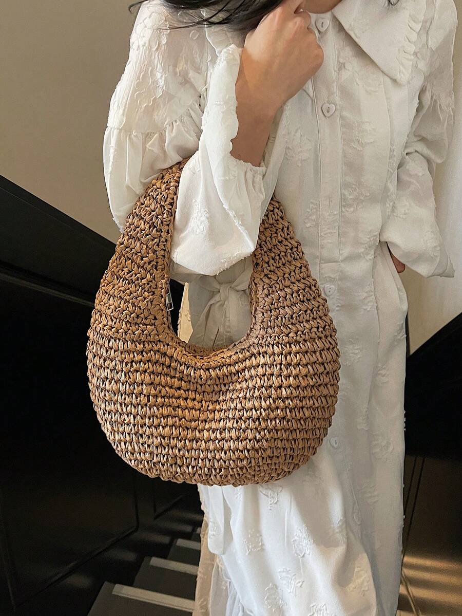 Fashionable Minimalist Handmade Straw Shoulder Tote Bag For Women, Summer, Straw Bag
