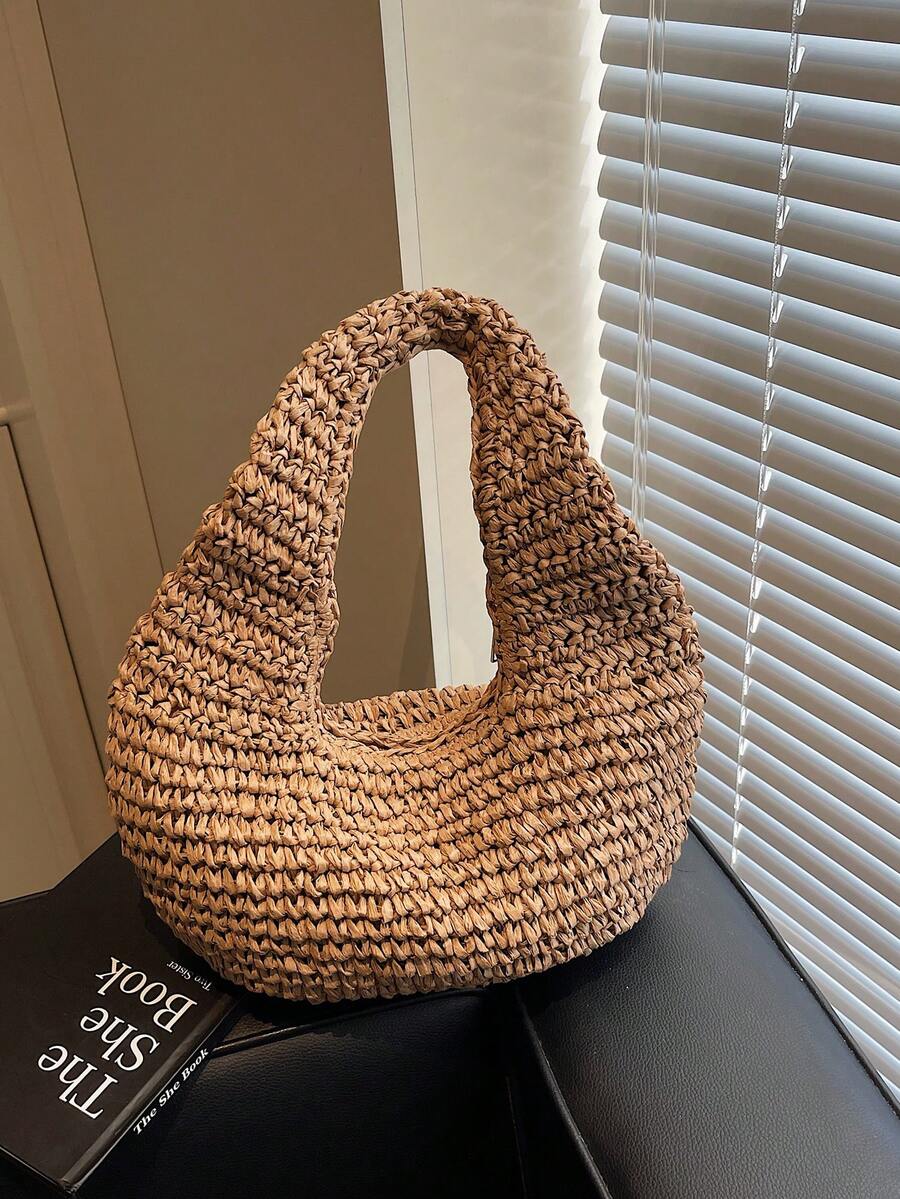 Fashionable Minimalist Handmade Straw Shoulder Tote Bag For Women, Summer, Straw Bag