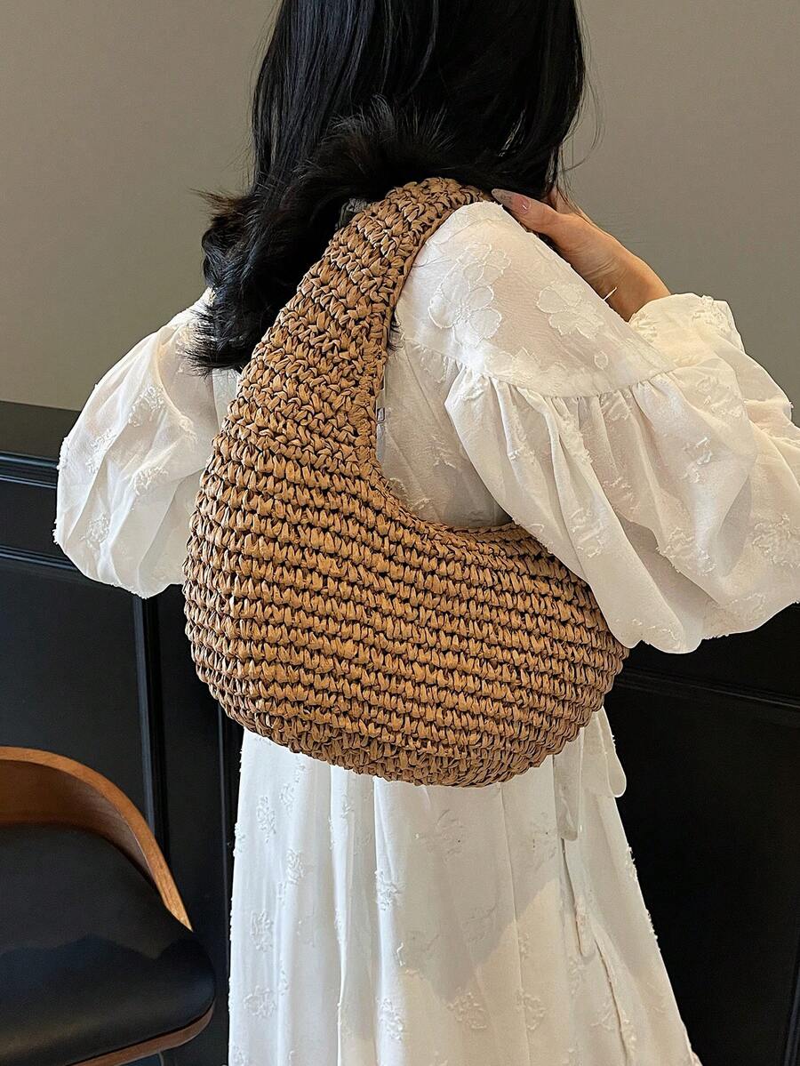 Fashionable Minimalist Handmade Straw Shoulder Tote Bag For Women, Summer, Straw Bag