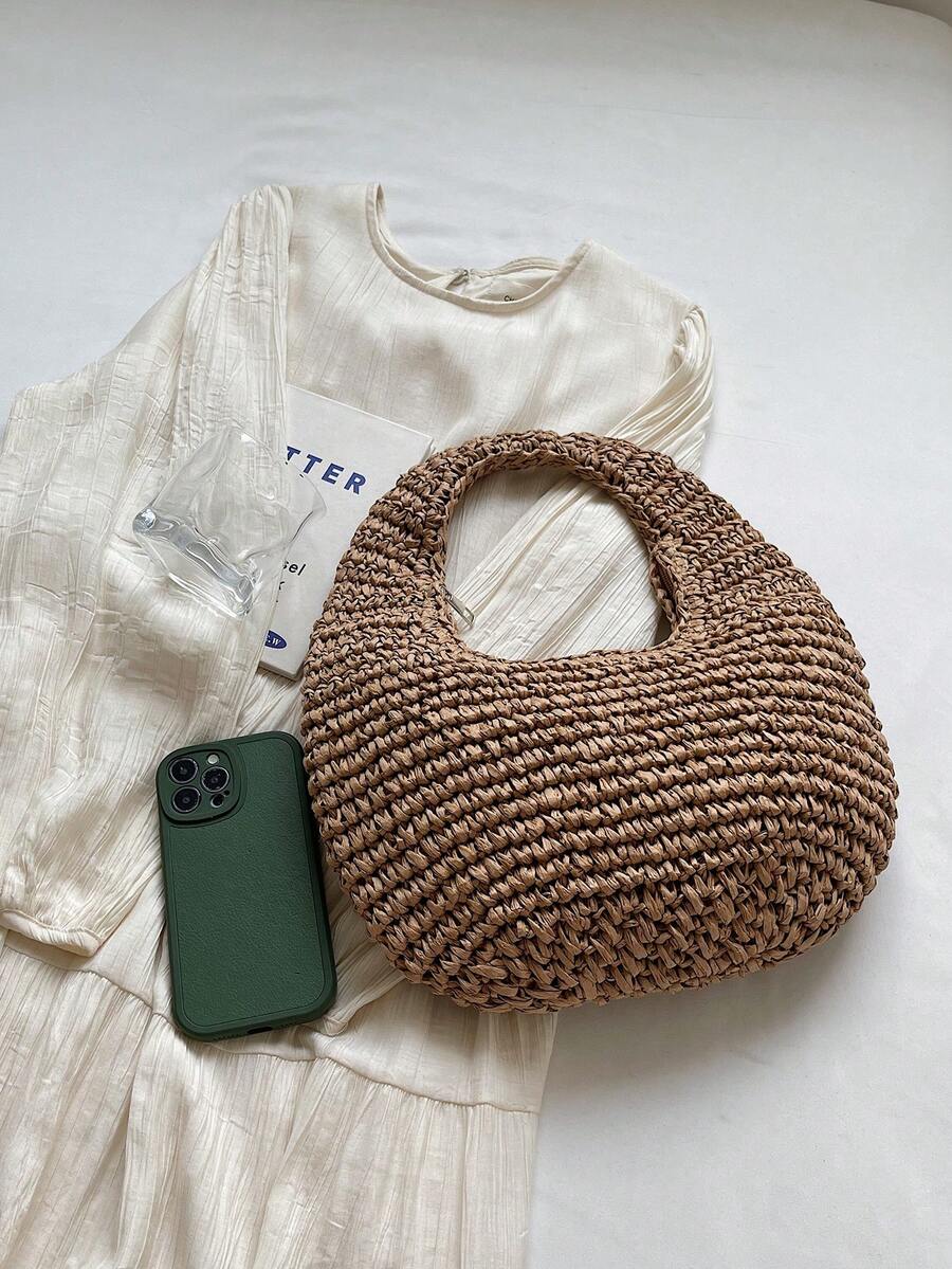 Fashionable Minimalist Handmade Straw Shoulder Tote Bag For Women, Summer, Straw Bag