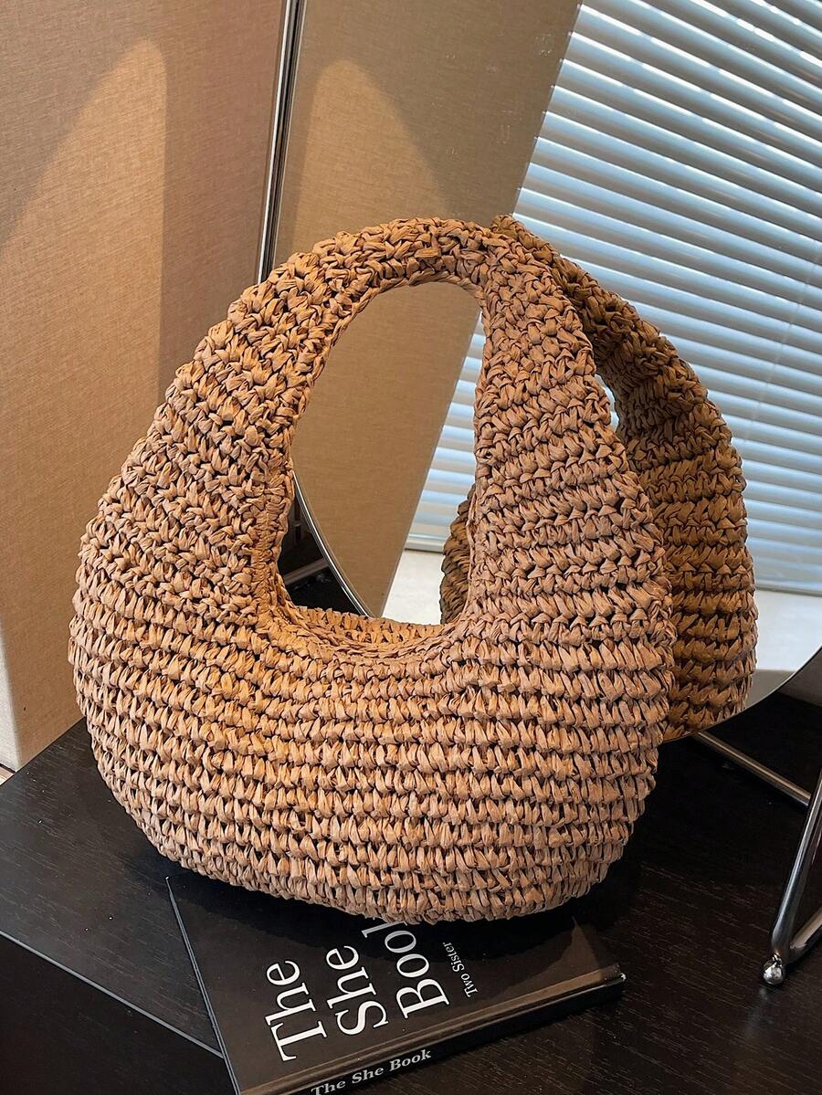 Fashionable Minimalist Handmade Straw Shoulder Tote Bag For Women, Summer, Straw Bag