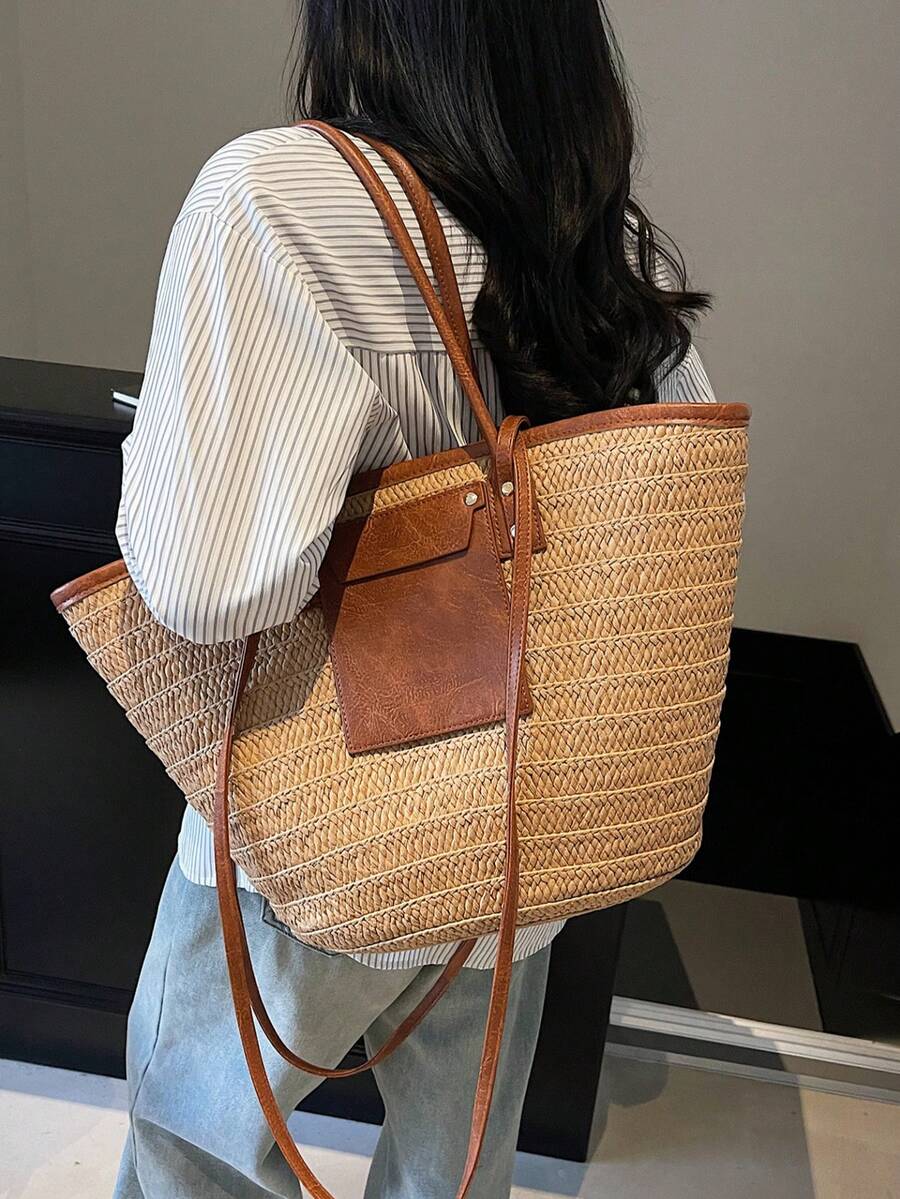 Fashionable Large Capacity Woven Tote Bag, New Beach Vacation Shoulder/Underarm Straw Big Bag