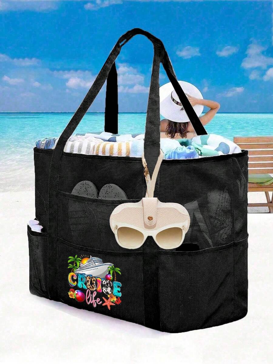 Mesh Beach Bag Large Beach Tote Bag,Multi-Use Organizer With Zipper Closure,Foldable Handy Large Mesh Tote Bag Lightweight,Family Beach Bag Vacation