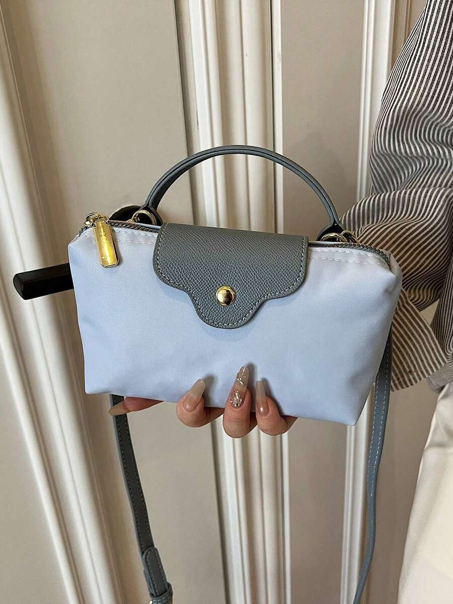 Women's Fashion Casual Versatile Color Block Dumpling Shaped Tote Bag, Minimalist Nylon Square Handbag, Retro Style Shoulder Bag With Detachable Strap, Suitable For Teenagers, College Students, Young