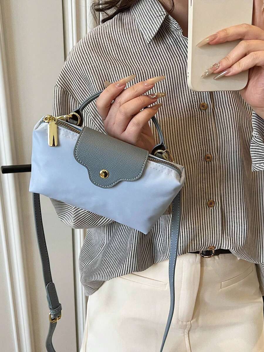 Women's Fashion Casual Versatile Color Block Dumpling Shaped Tote Bag, Minimalist Nylon Square Handbag, Retro Style Shoulder Bag With Detachable Strap, Suitable For Teenagers, College Students, Young