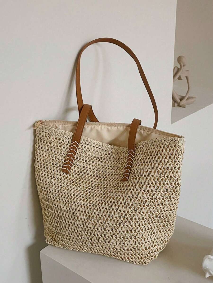 Classic Fashion Straw Bag Casual Minimalist Large Capacity Shoulder Tote Bag, Summer, Beach Bags