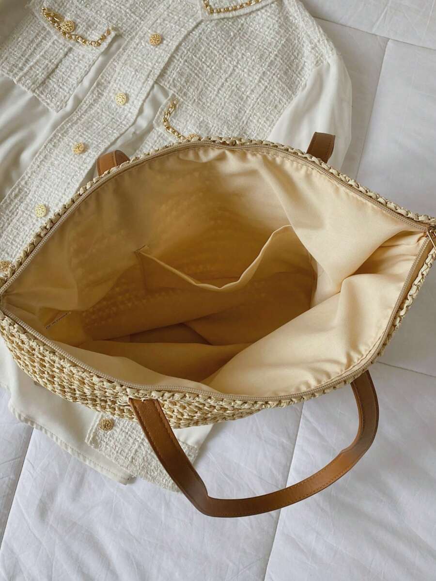 Classic Fashion Straw Bag Casual Minimalist Large Capacity Shoulder Tote Bag, Summer, Beach Bags