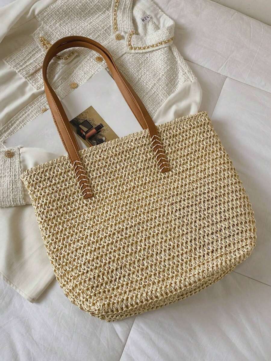 Classic Fashion Straw Bag Casual Minimalist Large Capacity Shoulder Tote Bag, Summer, Beach Bags