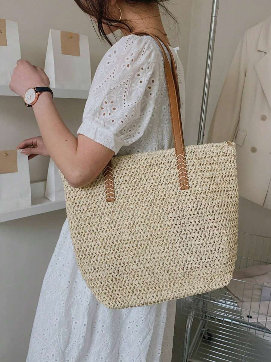 Classic Fashion Straw Bag Casual Minimalist Large Capacity Shoulder Tote Bag, Summer, Beach Bags