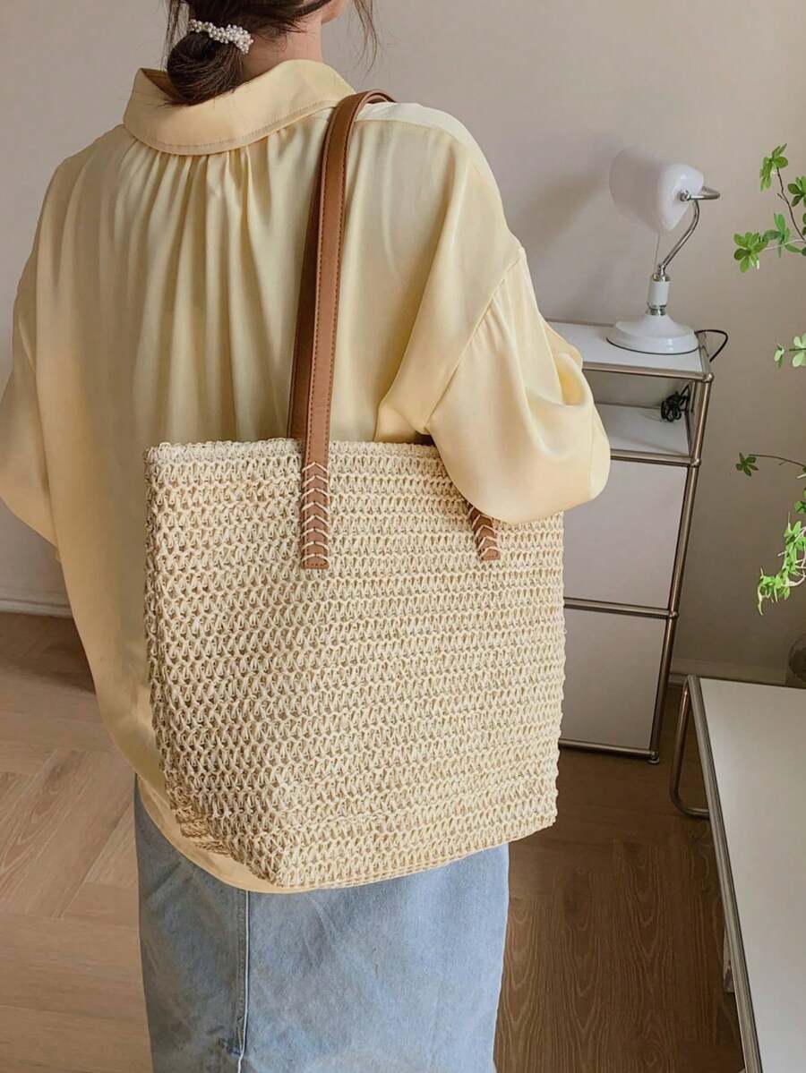Classic Fashion Straw Bag Casual Minimalist Large Capacity Shoulder Tote Bag, Summer, Beach Bags