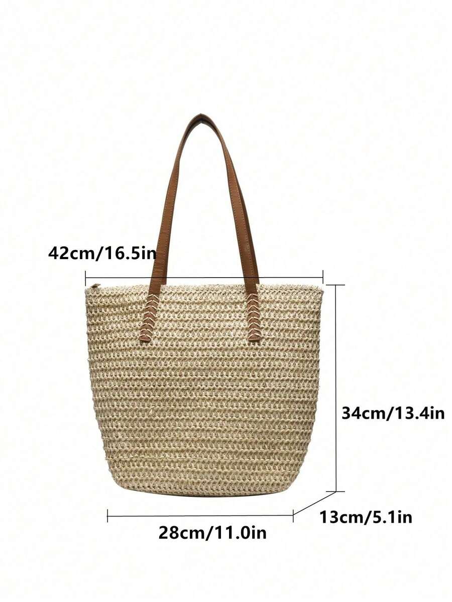 Classic Fashion Straw Bag Casual Minimalist Large Capacity Shoulder Tote Bag, Summer, Beach Bags