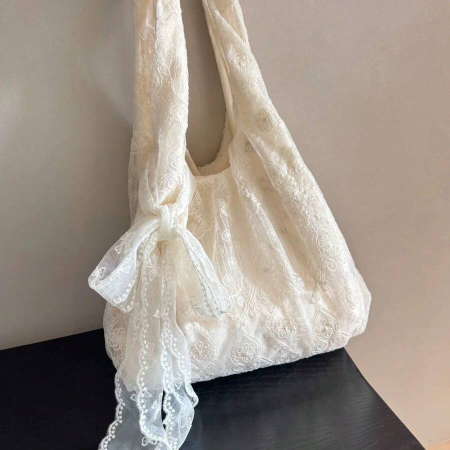 Japanese & Korean Style Niche Design INS Minimalist Fashion Plaid Fresh Bowknot Drawstring Shoulder Tote Bag For Commuting, Outings, Daily Shopping
