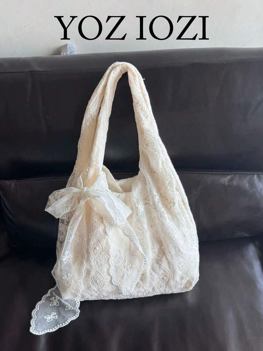 Japanese & Korean Style Niche Design INS Minimalist Fashion Plaid Fresh Bowknot Drawstring Shoulder Tote Bag For Commuting, Outings, Daily Shopping