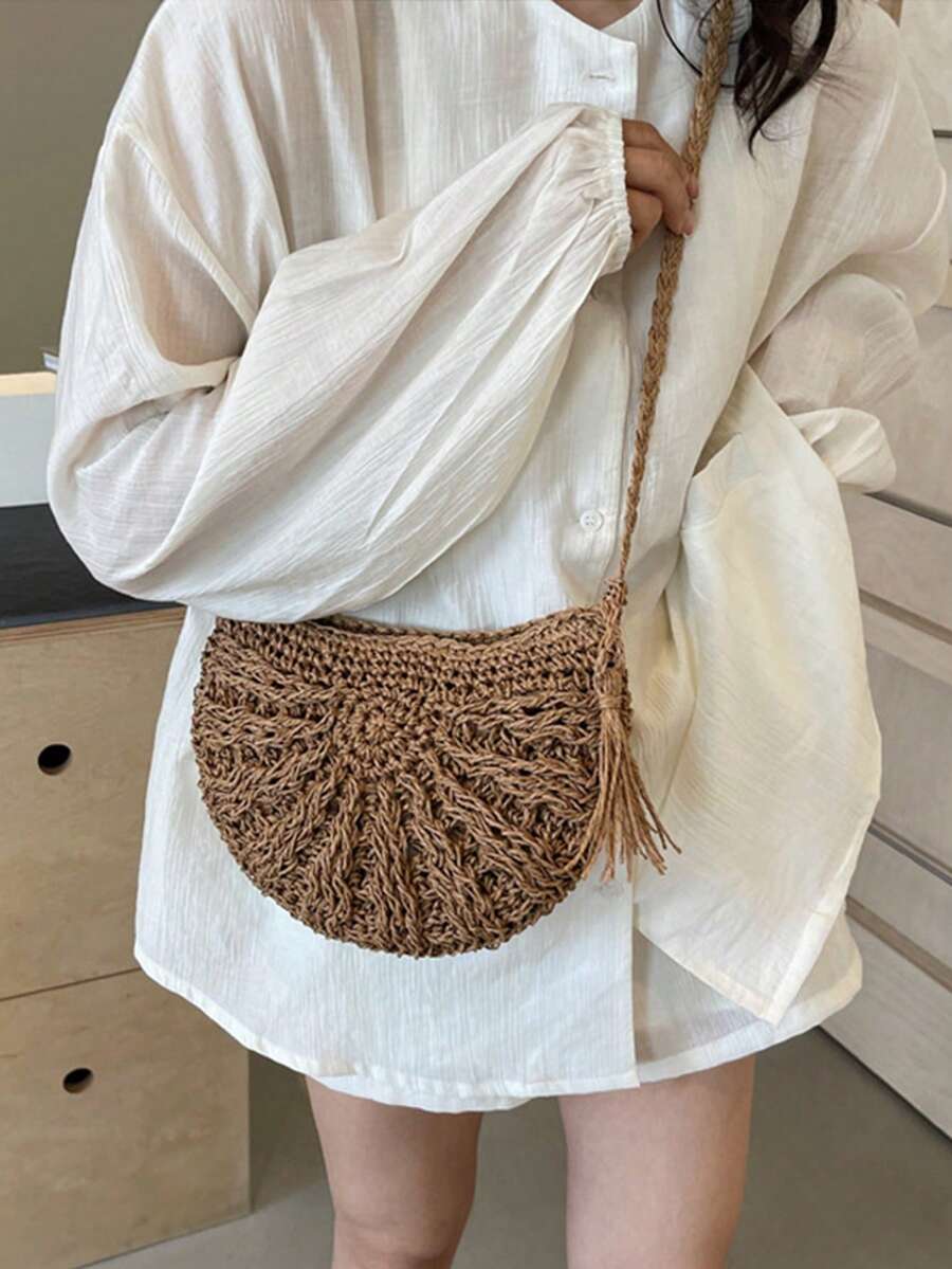 Yogodlns Half Round Straw Bag For Women Summer Beach Rattan Shoulder Bag Zipper Woven Crossbody Handbags Bohemia Vacation Summer Bohemia Hand Woven Beach Bag With Tassels Crochet Hollow Out Travel Tot