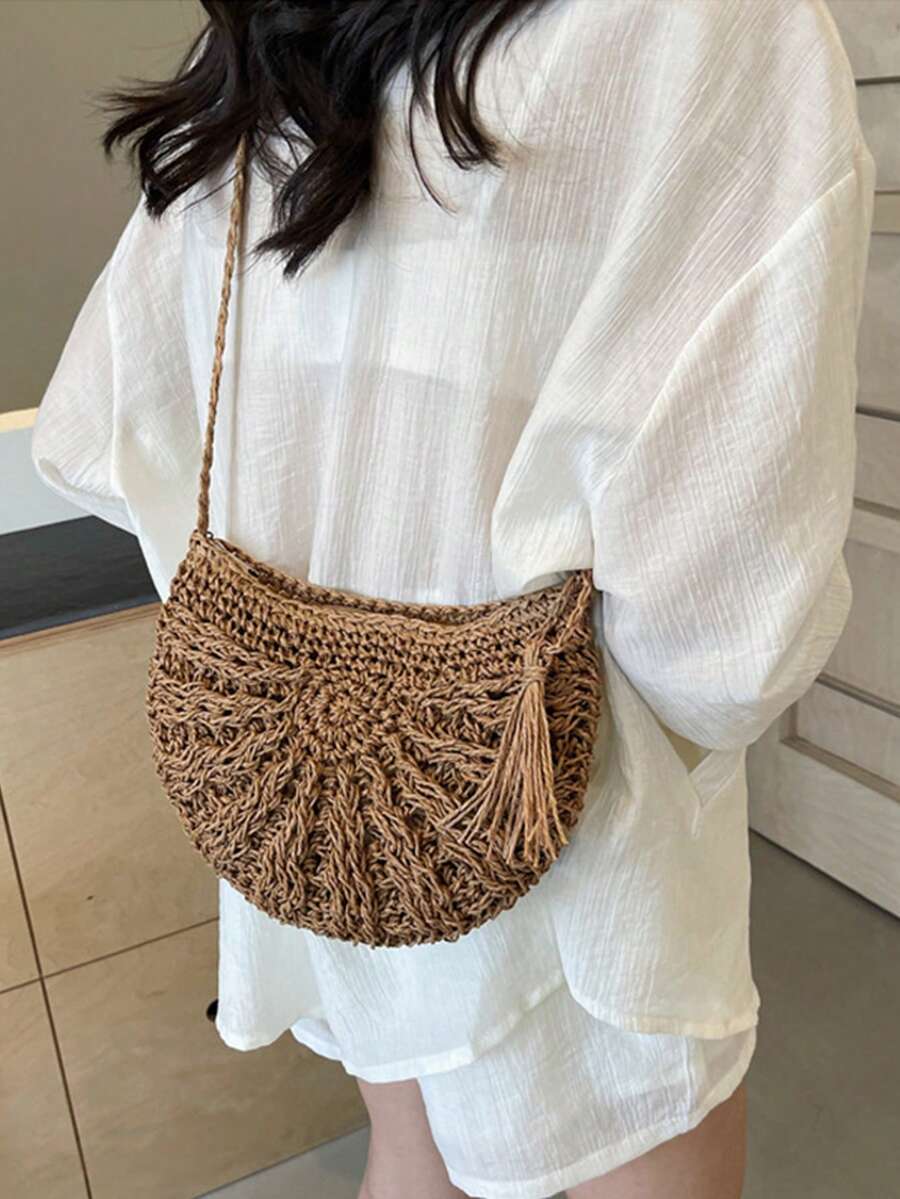 Yogodlns Half Round Straw Bag For Women Summer Beach Rattan Shoulder Bag Zipper Woven Crossbody Handbags Bohemia Vacation Summer Bohemia Hand Woven Beach Bag With Tassels Crochet Hollow Out Travel Tot