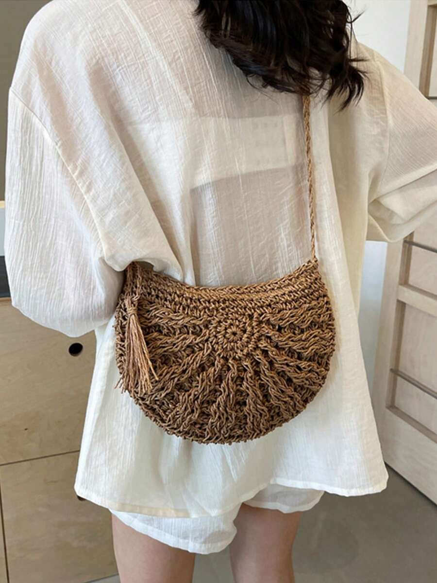 Yogodlns Half Round Straw Bag For Women Summer Beach Rattan Shoulder Bag Zipper Woven Crossbody Handbags Bohemia Vacation Summer Bohemia Hand Woven Beach Bag With Tassels Crochet Hollow Out Travel Tot