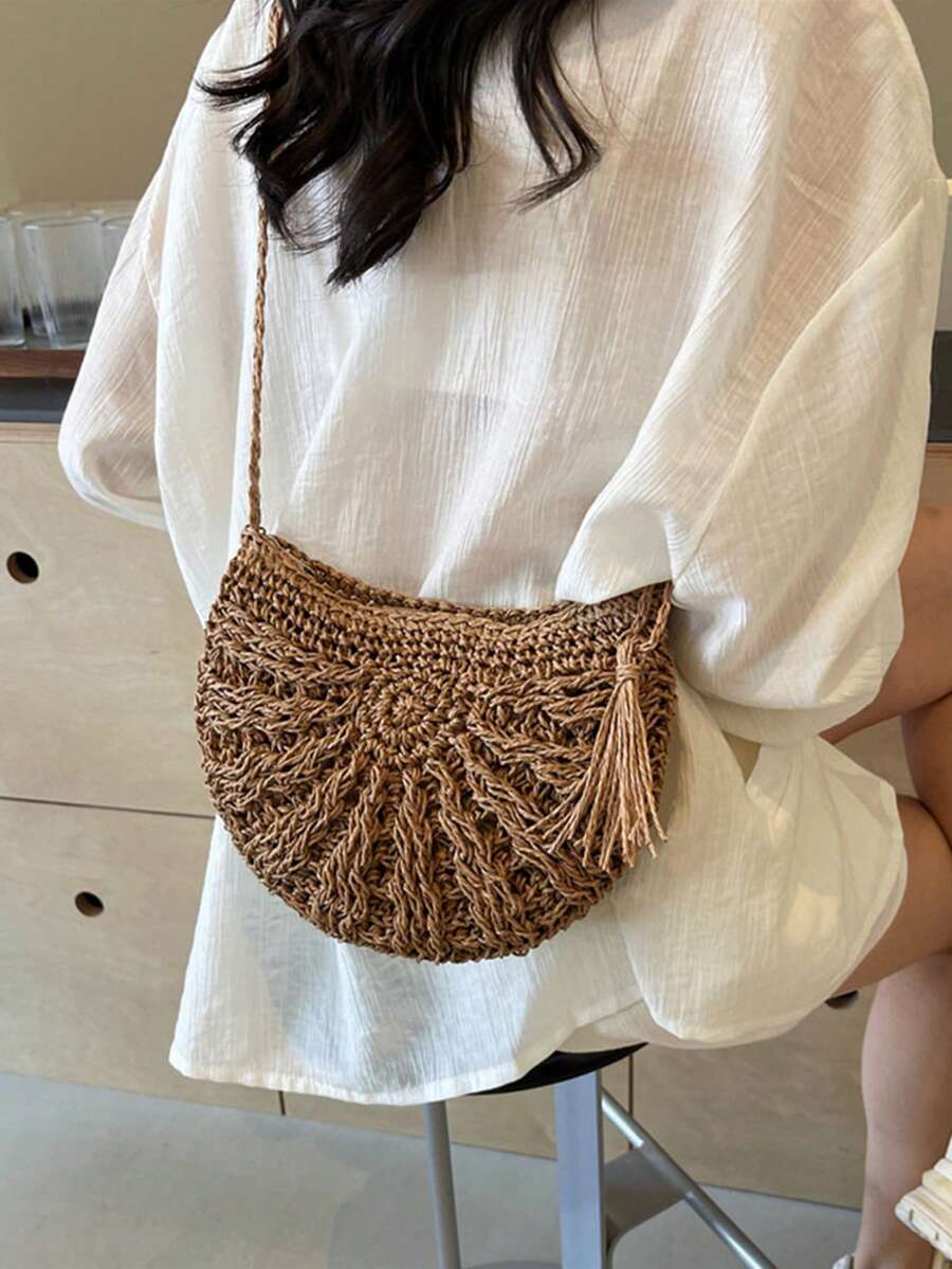 Yogodlns Half Round Straw Bag For Women Summer Beach Rattan Shoulder Bag Zipper Woven Crossbody Handbags Bohemia Vacation Summer Bohemia Hand Woven Beach Bag With Tassels Crochet Hollow Out Travel Tot