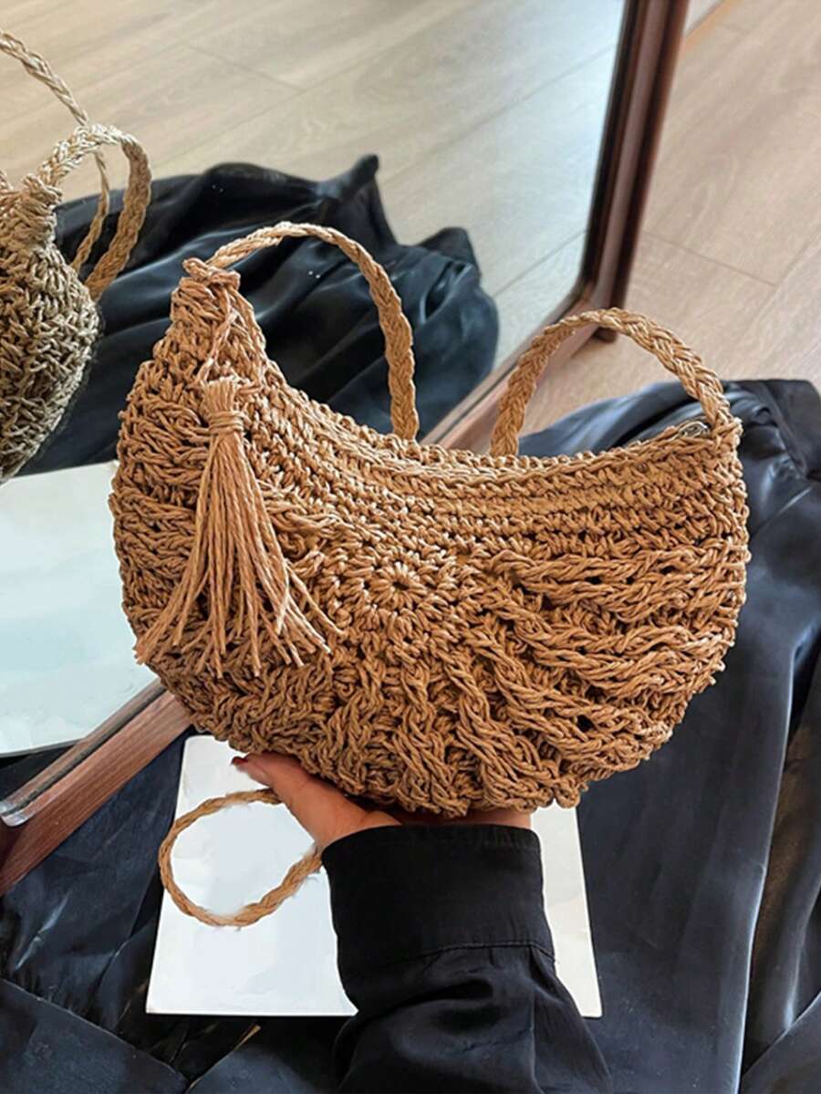 Yogodlns Half Round Straw Bag For Women Summer Beach Rattan Shoulder Bag Zipper Woven Crossbody Handbags Bohemia Vacation Summer Bohemia Hand Woven Beach Bag With Tassels Crochet Hollow Out Travel Tot