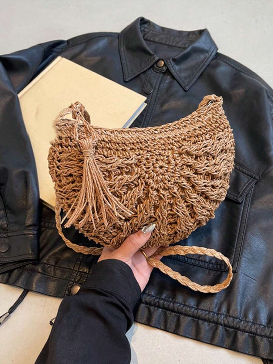Yogodlns Half Round Straw Bag For Women Summer Beach Rattan Shoulder Bag Zipper Woven Crossbody Handbags Bohemia Vacation Summer Bohemia Hand Woven Beach Bag With Tassels Crochet Hollow Out Travel Tot