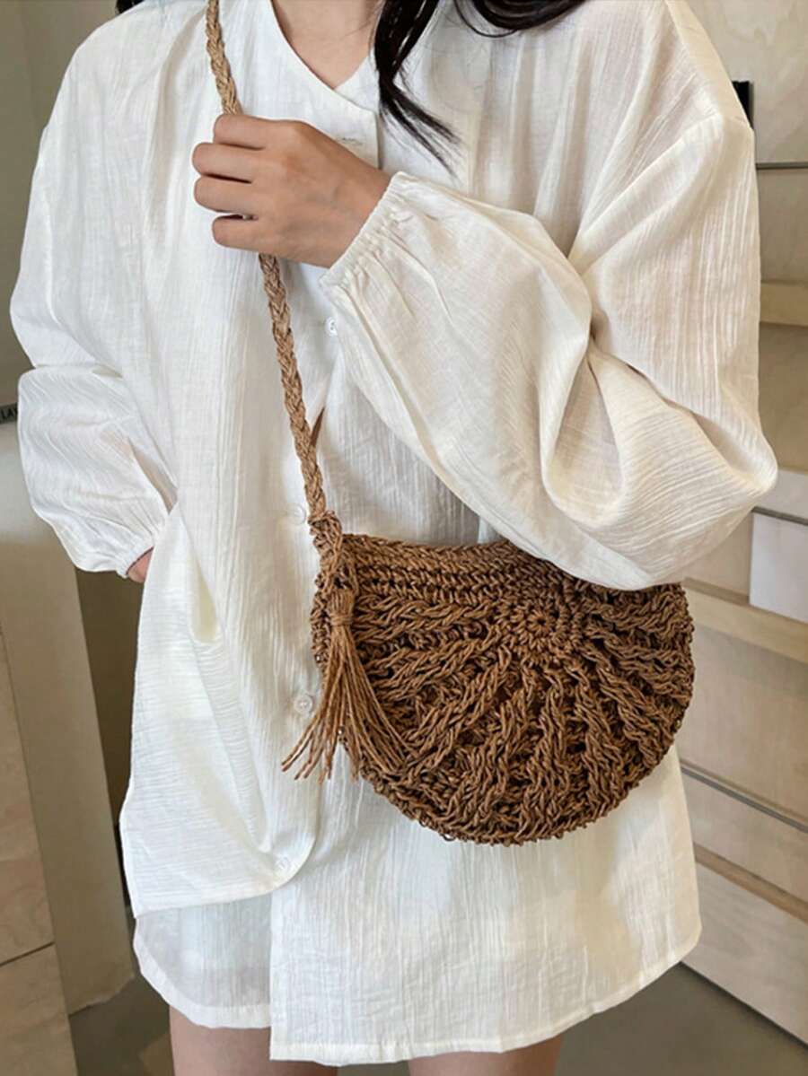 Yogodlns Half Round Straw Bag For Women Summer Beach Rattan Shoulder Bag Zipper Woven Crossbody Handbags Bohemia Vacation Summer Bohemia Hand Woven Beach Bag With Tassels Crochet Hollow Out Travel Tot