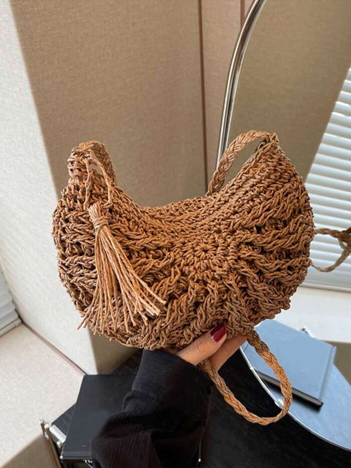 Yogodlns Half Round Straw Bag For Women Summer Beach Rattan Shoulder Bag Zipper
