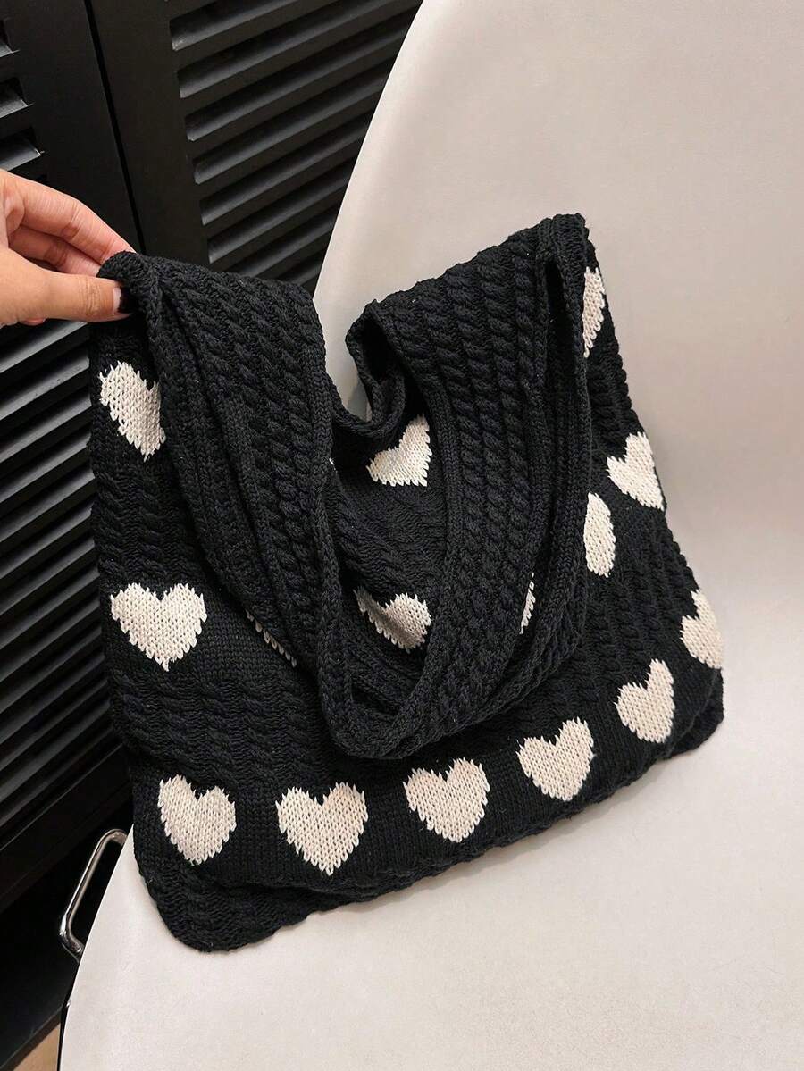 LFIRSTL 1pc Heart Pattern Contrast Color Crochet Tote Bag, Large Capacity Fashion Shoulder Beach Bag, Versatile For Commute, Crochet