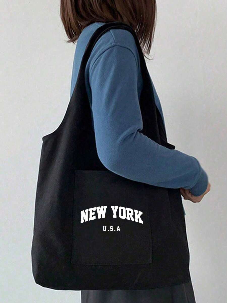 Women's "New York" Letter Black Canvas Tote Bag, Shoulder Bag, With Pockets, Reusable, Shopping Bag, Fashion Handbag, Women's Casual Tote, Practical Shopping Bag, Storage Bag, Suitable For Supermarket