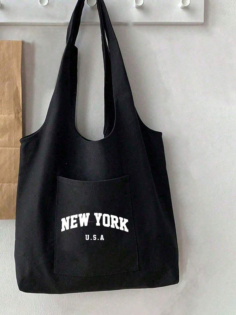 Women's "New York" Letter Black Canvas Tote Bag, Shoulder Bag, With Pockets, Reusable, Shopping Bag, Fashion Handbag, Women's Casual Tote, Practical Shopping Bag, Storage Bag, Suitable For Supermarket