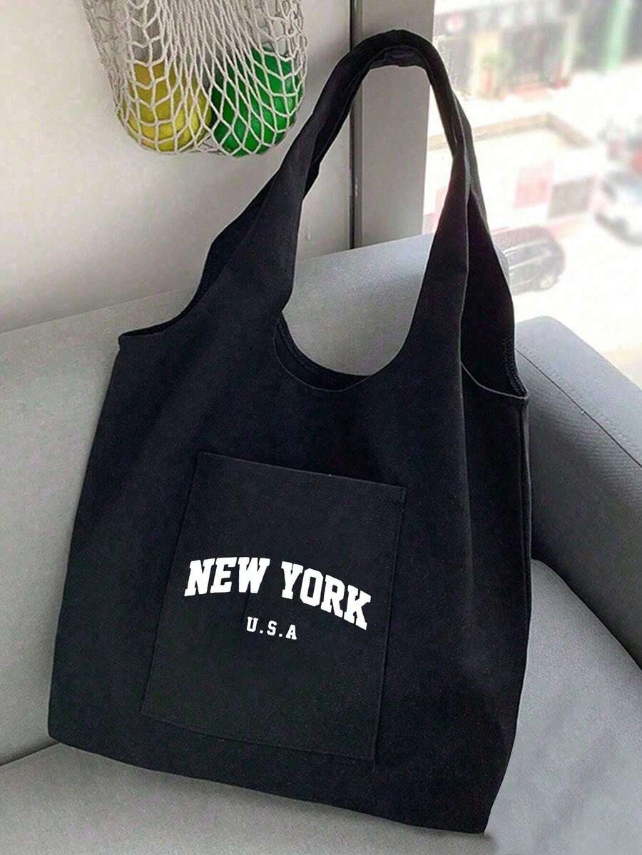 Women's "New York" Letter Black Canvas Tote Bag, Shoulder Bag, With Pockets, Reusable, Shopping Bag, Fashion Handbag, Women's Casual Tote, Practical Shopping Bag, Storage Bag, Suitable For Supermarket