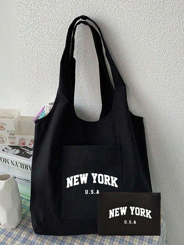 Women's "New York" Letter Black Canvas Tote Bag, Shoulder Bag, With Pockets