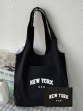 Women's "New York" Letter Black Canvas Tote Bag, Shoulder Bag, With Pockets