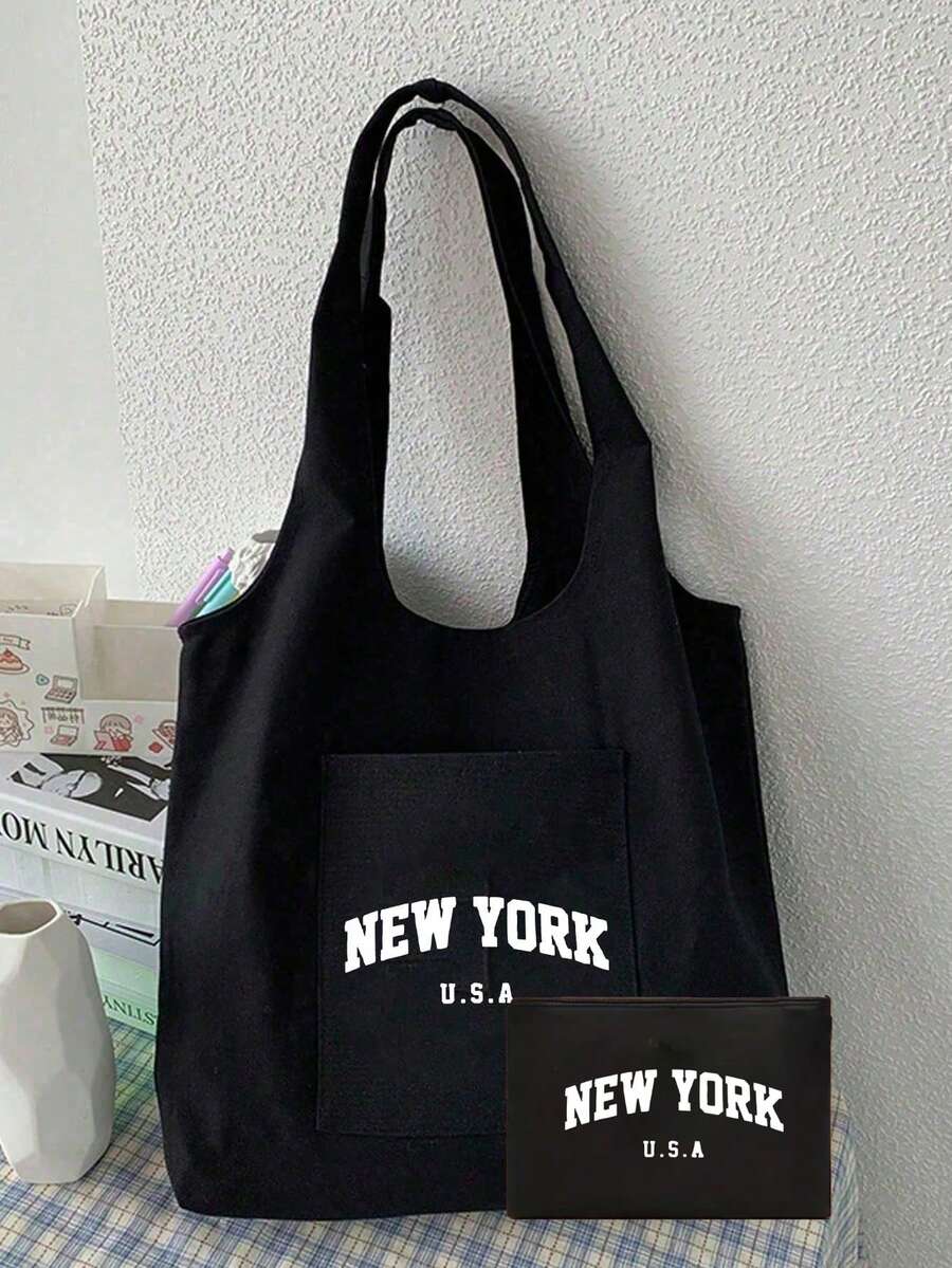 Women's "New York" Letter Black Canvas Tote Bag, Shoulder Bag, With Pockets, Reusable, Shopping Bag, Fashion Handbag, Women's Casual Tote, Practical Shopping Bag, Storage Bag, Suitable For Supermarket