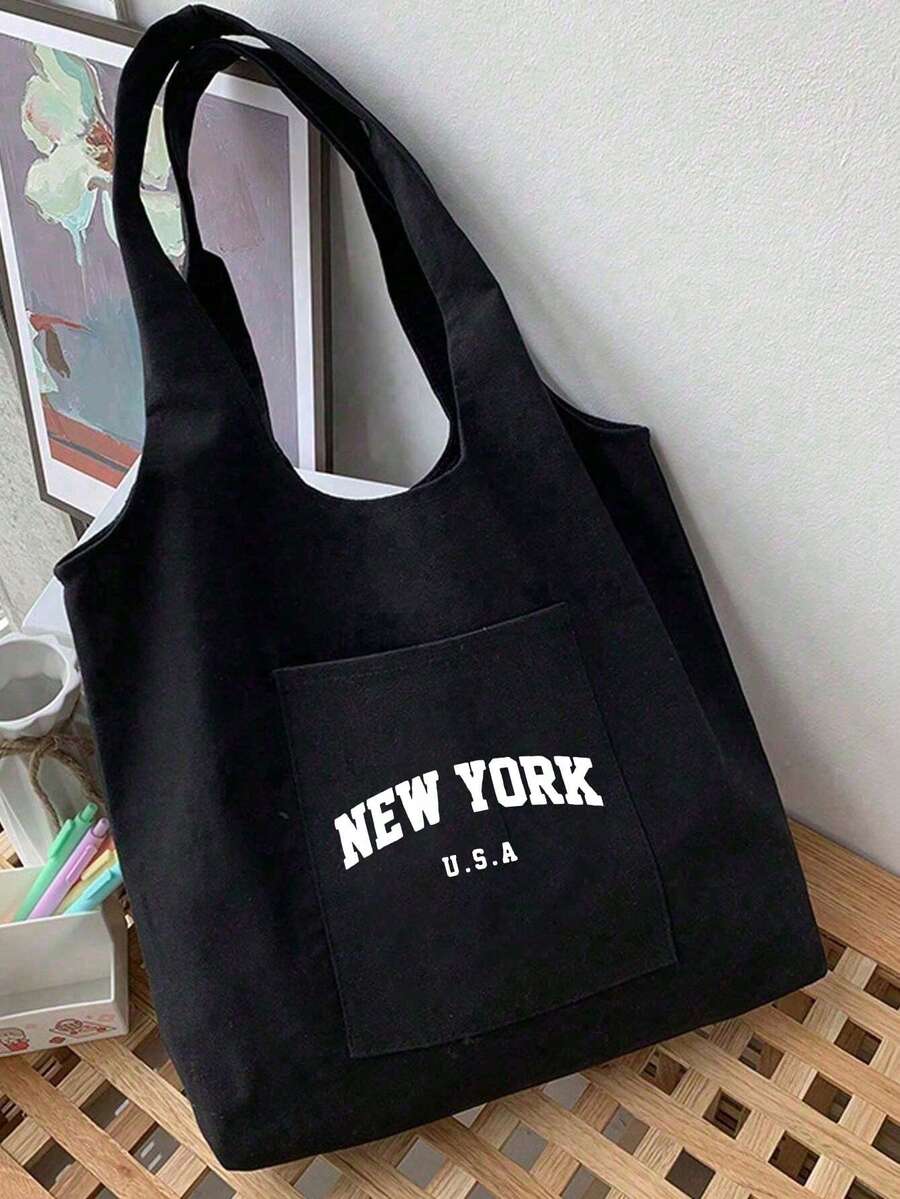 Women's "New York" Letter Black Canvas Tote Bag, Shoulder Bag, With Pockets, Reusable, Shopping Bag, Fashion Handbag, Women's Casual Tote, Practical Shopping Bag, Storage Bag, Suitable For Supermarket