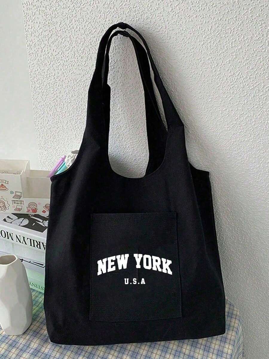 Women's "New York" Letter Black Canvas Tote Bag, Shoulder Bag, With Pockets, Reusable, Shopping Bag, Fashion Handbag, Women's Casual Tote, Practical Shopping Bag, Storage Bag, Suitable For Supermarket