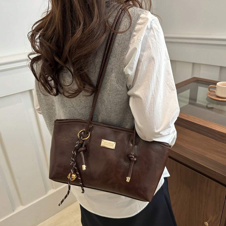 Christmas & New Year Gift Retro Tote Shoulder Bag For Women, Fashion Underarm Handbag With Bell Charm